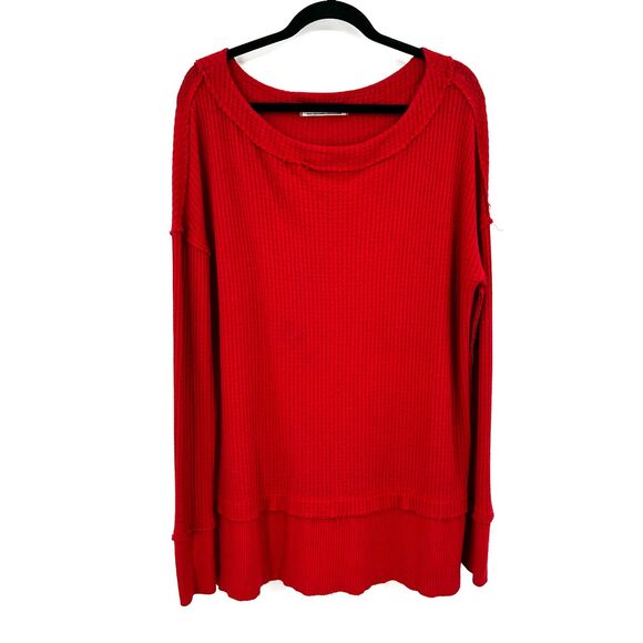 FREE PEOPLE We The Free Red Waffle Knit Very Oversized Thermal Top Size Small - Picture 2 of 10